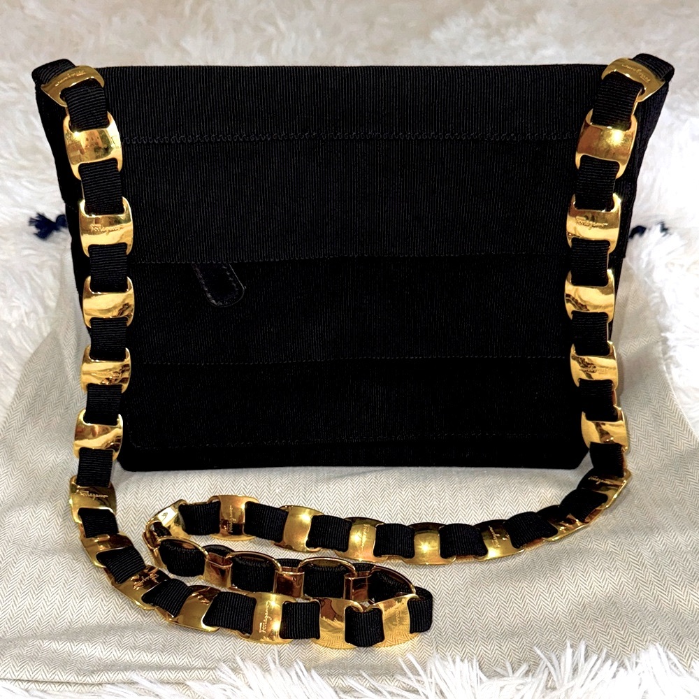 Salvatore Ferragamo Black and Gold Chain Strap Women's Bag